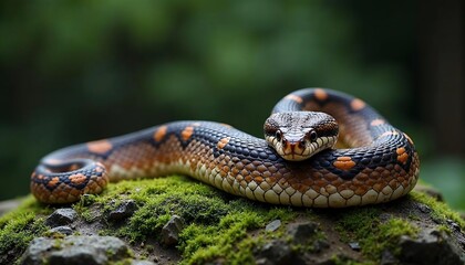 Obraz premium Stunning Black and Orange Snake on Mossy Rock