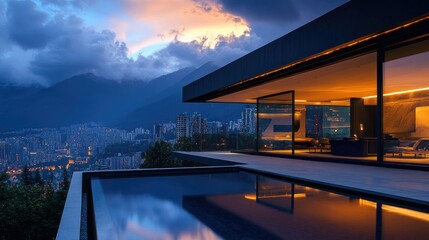 Fototapeta premium Twilight ambiance at a contemporary villa with epic golden lighting, an infinity-edge pool, and views of a vibrant cityscape and serene mountains.