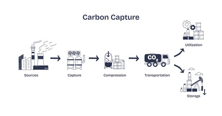 Carbon capture involves capturing CO2 from sources, compressing it, and transporting for storage or utilization. Doodle style diagram.