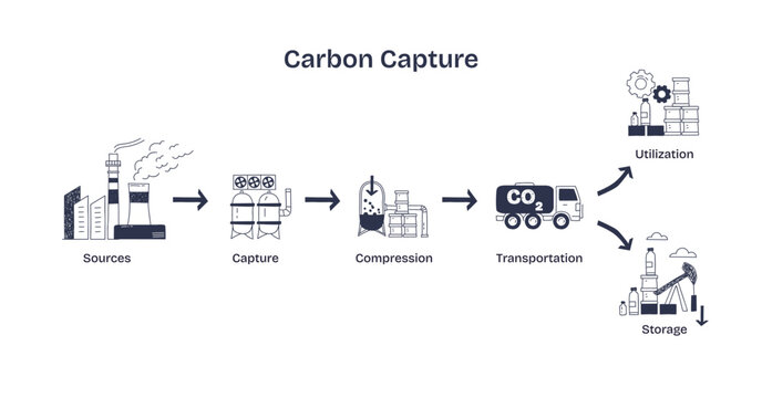 Carbon capture involves capturing CO2 from sources, compressing it, and transporting for storage or utilization. Doodle style diagram.