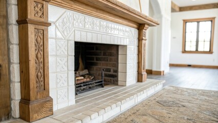 Close-up of a classic white ceramic tile fireplace with a stone hearth and wooden beams, classic white tile fireplace stone hearth wooden beams closeup, rustic charm, stone fireplaces
