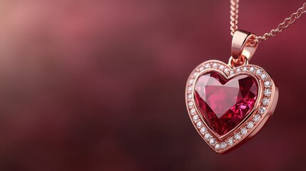 Heart-shaped ruby pendant with diamond accents on a gold chain, set against a soft pink background, AI