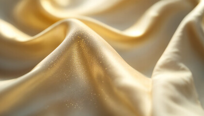 Obraz premium a close-up of elegant, flowing golden satin fabric, with soft, delicate folds. The silky texture of the fabric glistens, enhancing its luxurious feel