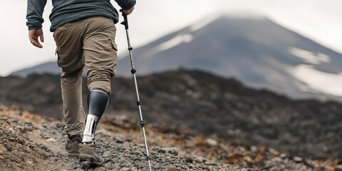 social security disability concept. A person with a prosthetic leg hiking on a rocky trail with a mountain backdrop.