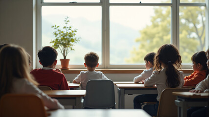 A serene classroom setting with children attentively facing a window, highlighting nature.