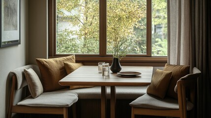 A modern dining corner with brown-tinted window panes, a small wooden table, and cushioned chairs in earthy tones.