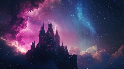 A magical transparent castle surrounded by glowing nebulas, under a starry sky illuminated by shimmering auroras.