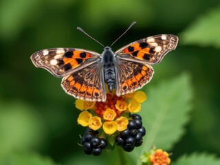 Obraz premium Close-up of Black Hairstreak Butterfly on Blackberry Flower, feeding behavior, satyrium pruni, nectar