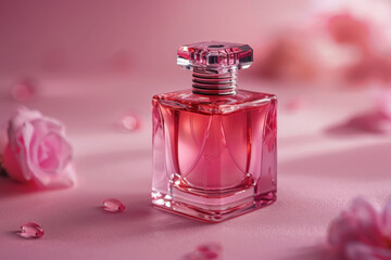 A square bottle filled with pink perfume sits on a soft pink background. Delicate petals are scattered around, enhancing the overall romantic and feminine aesthetic.