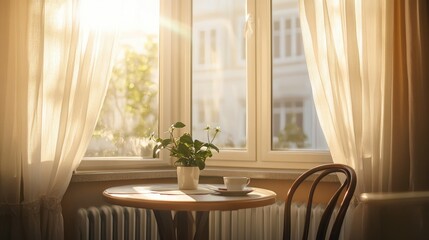 A small breakfast nook with a table and chairs set against elegant brown window panes, sunlight filtering through sheer curtains.