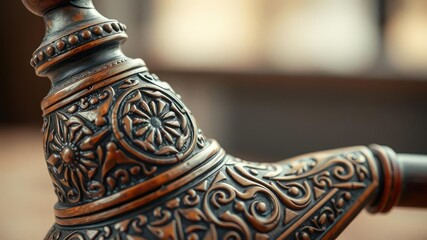 Close-up of eastern hookah pipe with intricate carvings and patterns inlaid on the wooden base, Middle Eastern art, inlay, close-up