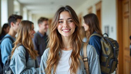 Fototapeta premium A cheerful young woman with long hair, wearing a casual outfit, stands among friends.