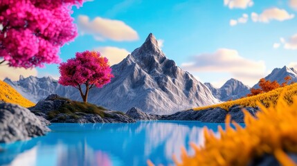 Naklejka premium Serene Mountain Landscape with Colorful Trees and Tranquil Water