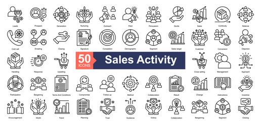 Sales Activity Icon Collection Set.Containing Leads, Prospect, Generation, Nurturing, Outreach, Pitch, Persuasion, Quota icon. Simple line style Vector Illustration.	
