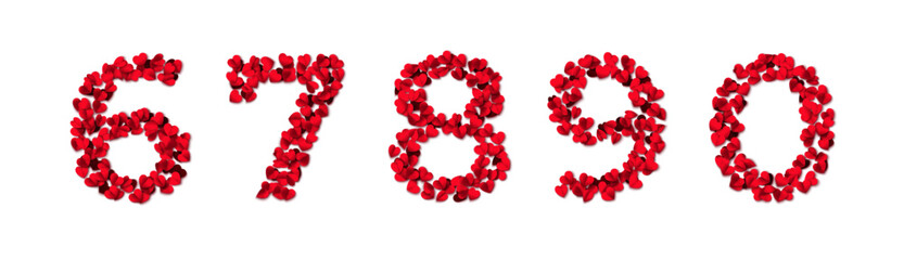 The numbers are made from hearts. Heart shaped rose petals fall. Heart paper confetti. Vector eps 10 illustration. Red color. Romantic floral background. Love backdrop. 14 February Valentine's Day.
