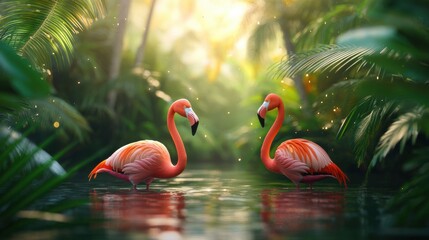 Fototapeta premium Elegant flamingos in a tropical rainforest setting