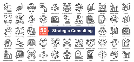 Strategic Consulting Icon Collection Set.Containing Strategic, Research, Csr, strategic consulting, Market positioning icon. Simple line style Vector Illustration.	
