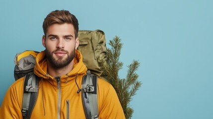 Adventure-ready young hiker energetic studio portrait with backpack
