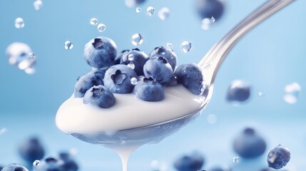 Close up of a bluebarries falling down in a spoon full of milk