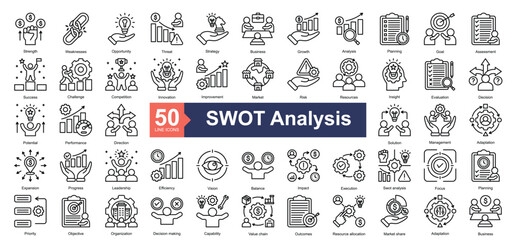 SWOT Analysis Icon Collection Set.Containing Strength, Weaknesses, Opportunity, Threat, Strategy, Business icon. Simple line style Vector Illustration.	