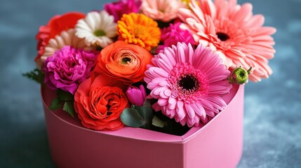 Beautiful heart-shaped box with vibrant flowers, ideal for romantic celebrations and gift-giving themes.