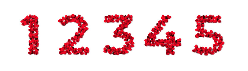 The numbers are made from hearts. Heart shaped rose petals fall. Heart paper confetti. Vector eps 10 illustration. Red color. Romantic floral background. Love backdrop. 14 February Valentine's Day.