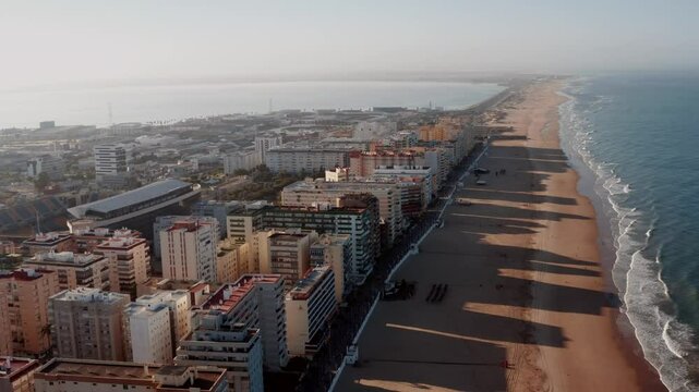 Cadiz aerial shot beach and Bay of Cadiz Puerto Real or Pepa bridge Spain