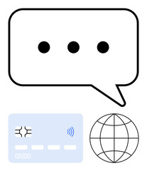 Chat bubble with ellipses, credit card with NFC signal, globe icon. Ideal for online payments, global connectivity, secure transactions, communication tools, digital commerce, customer interaction