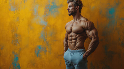 A muscular white male bodybuilder stands in a relaxed pose, showcasing his impressive physique against a bright yellow textured background in a fitness studio setting.