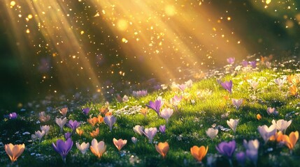 Obraz premium Brightly colored crocuses scattered across a green field under the golden rays of a springtime sun.