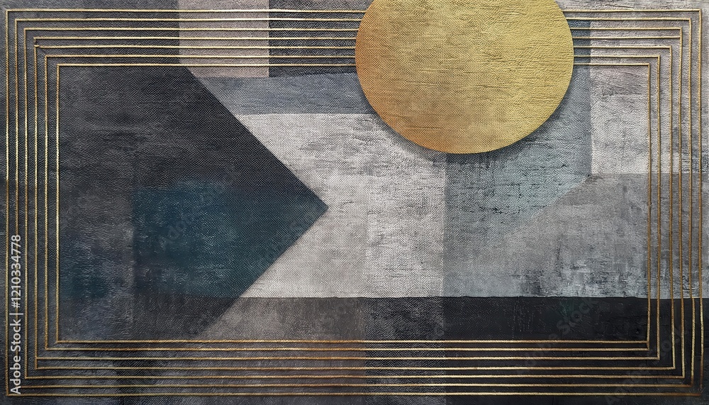 Poster modern geometric abstract with gold sun and linear patterns on textured gray background, ideal for contemporary decor and wall art


