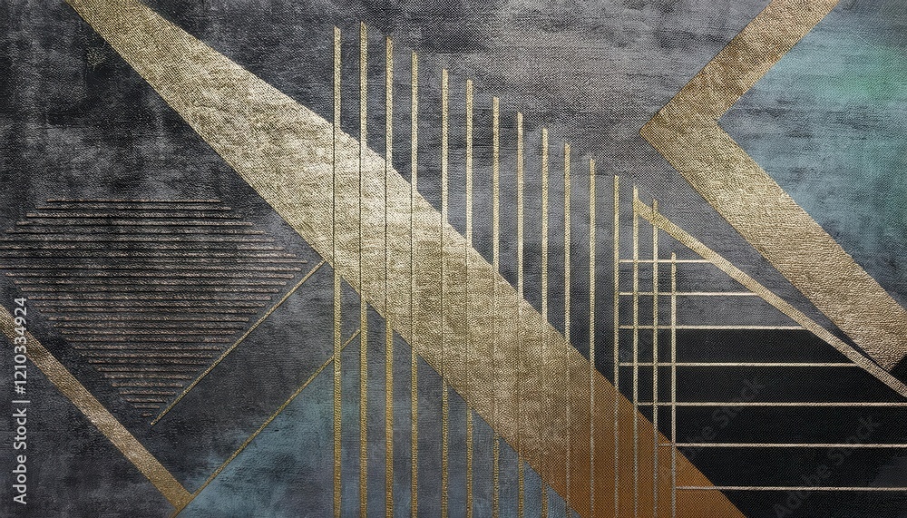Poster modern geometric abstract with gold sun and linear patterns on textured gray background, ideal for c