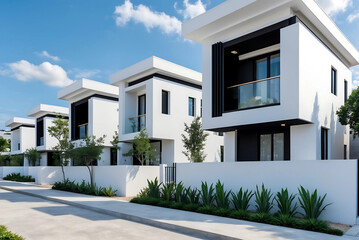 Fototapeta premium Luxury Row of Modern White Houses with Black Accents, Flat Roofs, Green Plants, and Concrete Pathway Under Clear Blue Sky