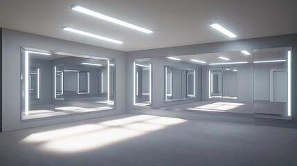 Bright studio dance mirrors, sunlight, floor