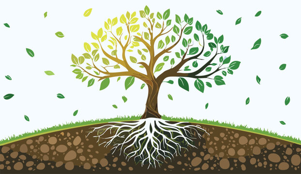 stylized tree with deep roots and expansive branches symbolizing connection and growth