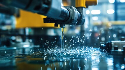 Close up of a robotic arm pouring water into a container, illustrating automation and precision in modern industrial manufacturing processes