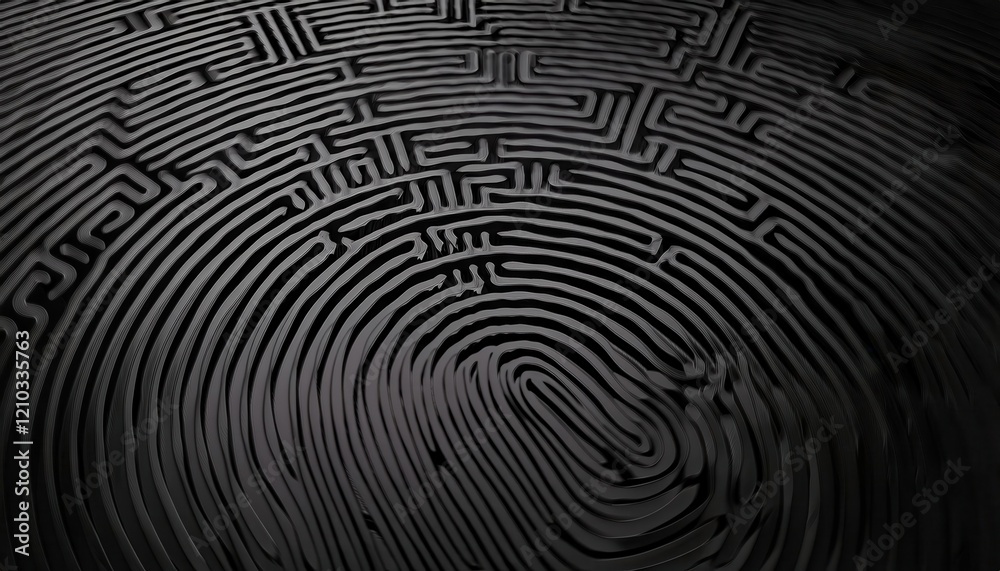 Poster close-up of black textured fingerprint pattern with intricate lines and grooves, suitable for security, technology, or abstract art concepts