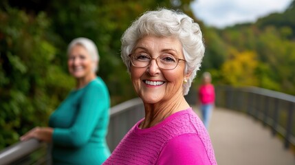 Naklejka premium Senior Ecosystem Concept, Happy Seniors Enjoying a Walk in Nature's Beauty with Smiles and Great Spirits in a Club Activity