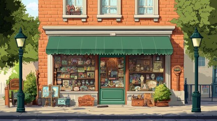 Souvenir shop facade exterior isolated small retail business building flat cartoon. Vector antique store, collectables in shop window, presents, gifts, decorative vases. Green trees, street lamps