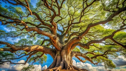 Obraz premium Ancient tree with gnarled trunk and branches stretching towards the sky, foliage, landscape