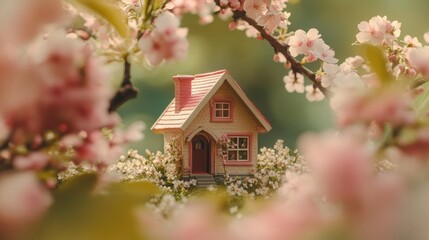 Delicate cherry blossoms framing a small toy house with a lush green background, symbolizing spring and family concepts.