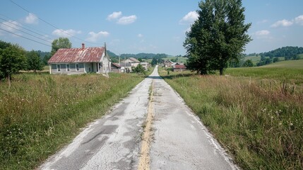 Fototapeta premium Old cracked asphalt road leads through a quiet rural village with rustic houses under a blue sky.