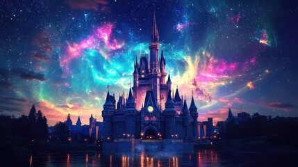 Dreamlike transparent castle under a night sky alive with swirling nebulas and dancing auroras, perfect for fantasy settings.
