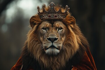 Fototapeta premium Portrait of a majestic lion wearing a golden crown, symbolizing power, royalty, and leadership