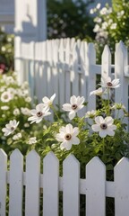 anemone hupehensis flowers swaying gently in the breeze on a classic white picket fence , anemone, hupehensis