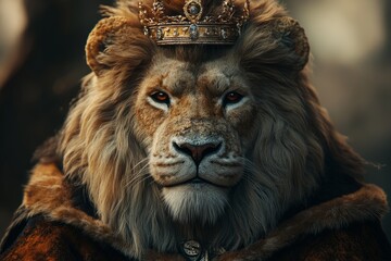 Fototapeta premium Portrait of a majestic lion king wearing a golden crown and a royal robe, symbolizing royalty, power, and leadership