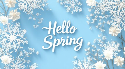 Elegant floral greeting card with "Hello Spring" text and delicate snowflake flowers on a pastel blue background.