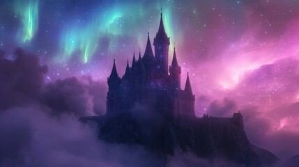 Enchanted transparent castle floating amidst ethereal nebulas and shimmering auroras under a tranquil starry night.