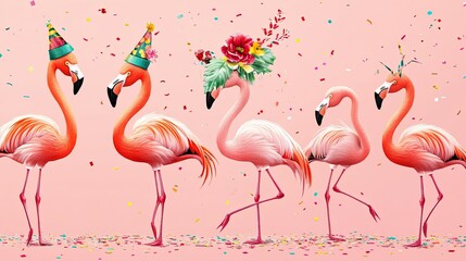 Obraz premium Flamingos with playful poses, dressed in summer party accessories, perfect for a vibrant and cheerful celebration banner.