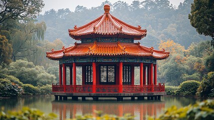 Naklejka premium Serene Chinese Pavilion on Autumn Lake